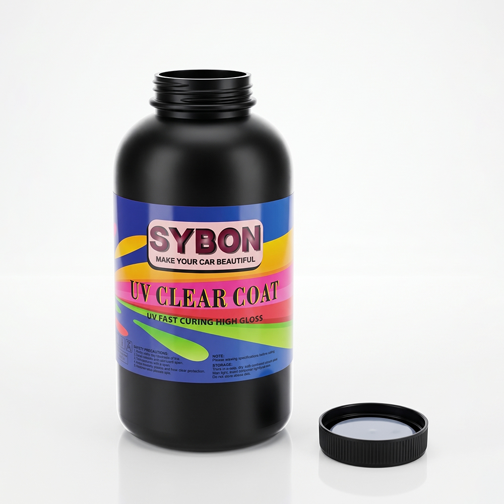 SYBON-UV-Clear-Coat-Product-Packaging-White-Background High-Gloss-UV-Clear-Coat-Bottle-Uncapped-Display Automotive-Refinish-Chemicals-UV-Clear-Coat-Detail
