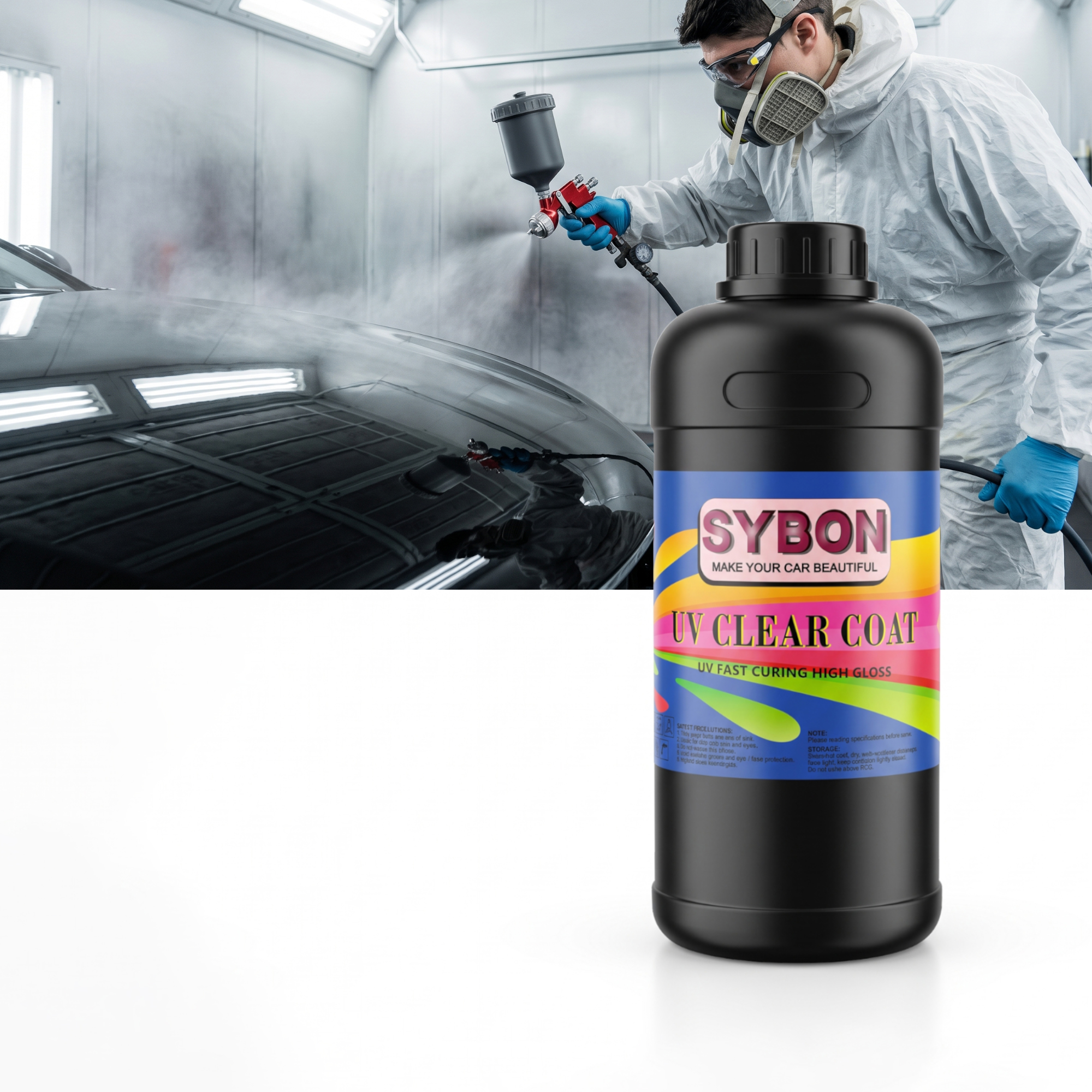 Professional-Auto-Body-Spraying-UV-Clear-Coat Worker-Applying-High-Gloss-Clear-Coat-With-Spray-Gun Automotive-Refinish-UV-Clear-Coat-Application-Process