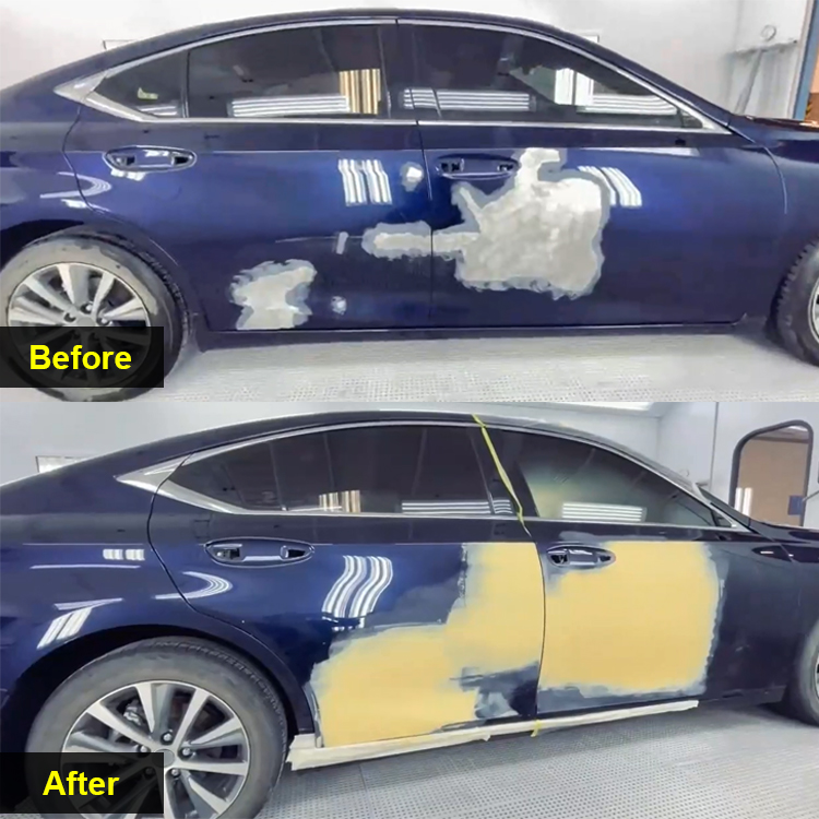 Repair Body Filler: 7 Common Problems & Best Solutions 1 Before and after auto door restoration using professional repair body filler