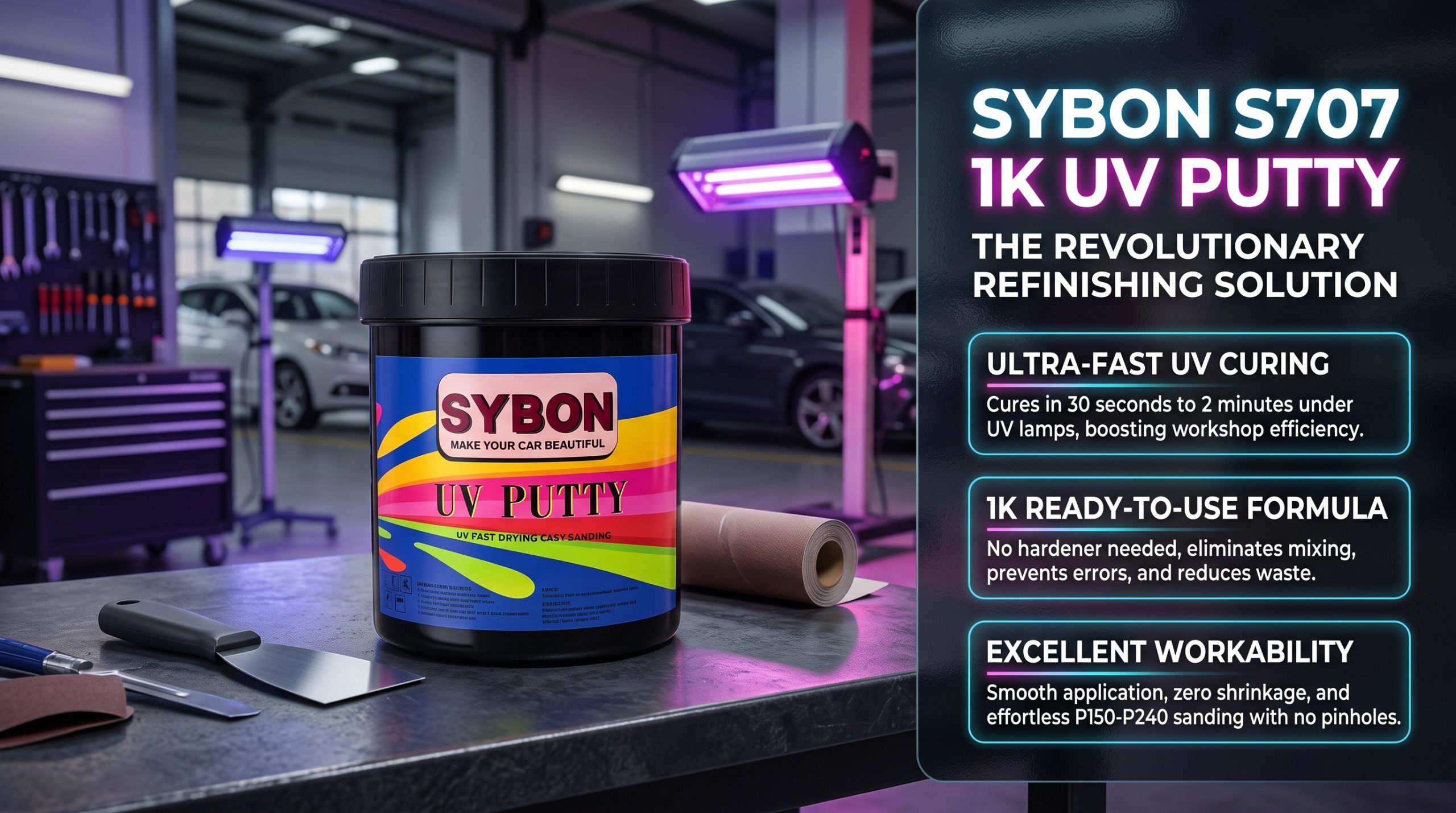 1K UV Putty: The Best Choice for Efficient Automotive Refinishing (4 Key Advantages) 3 Industrial visual showcasing SYBON S707 1K UV Putty in an automotive workshop setting. The image features the 1kg tin of UV-curing filler on a workbench alongside sanding tools and UV lamps, highlighting core product benefits including 30-second to 2-minute UV curing, no mixing requirement (1K), and excellent sanding with P150-P240 without shrinking.