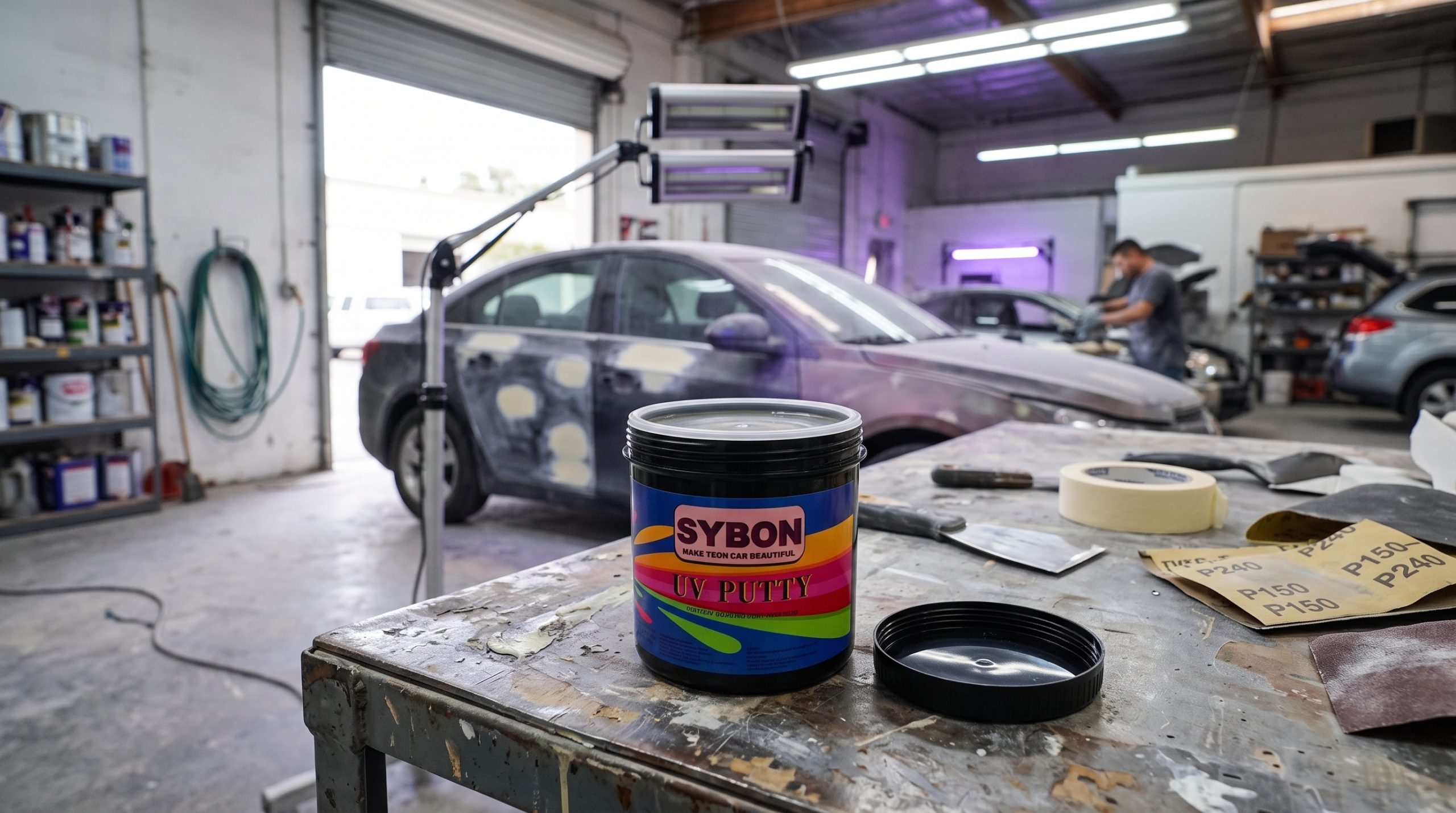 1K UV Putty: The Best Choice for Efficient Automotive Refinishing (4 Key Advantages) 1 SYBON 1K UV Putty and UV Curing Lamp in Auto Body Repair Shop
