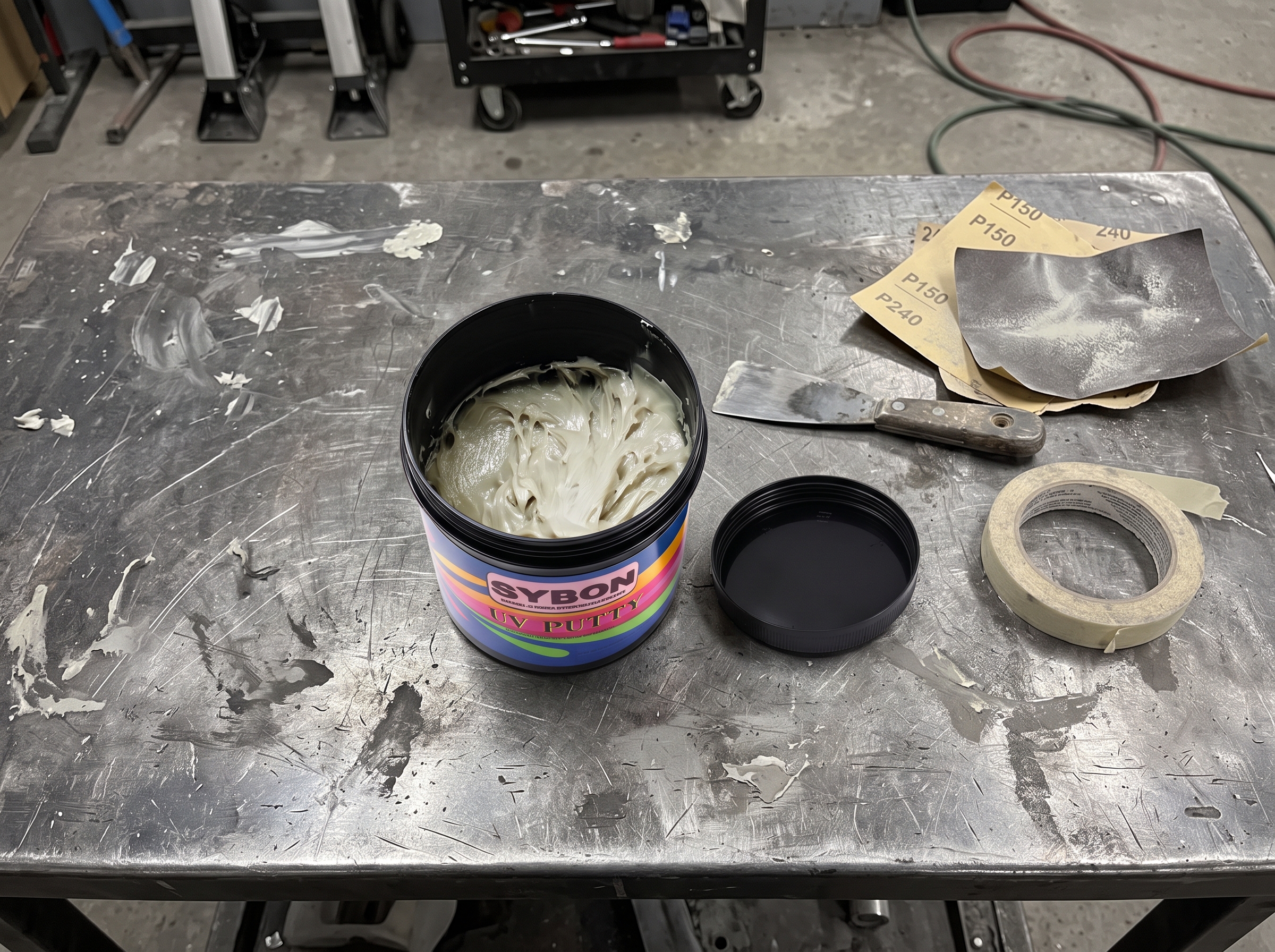 1K UV Putty: The Best Choice for Efficient Automotive Refinishing (4 Key Advantages) 2 Open Can of SYBON 1K UV Putty with Spreader and Sandpaper on Workbench